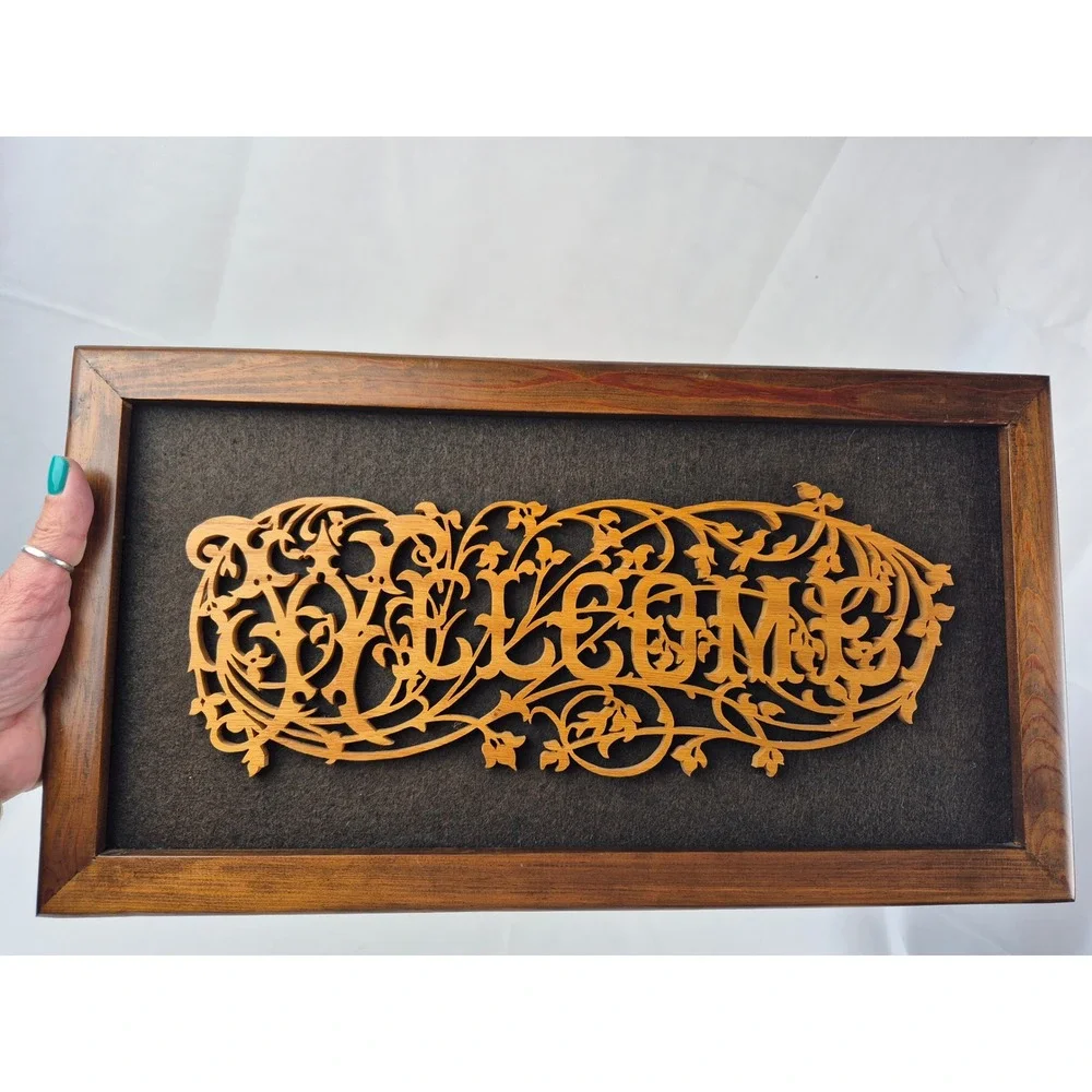 Vintage Welcome Sign Framed 3D Wood Scroll Saw Filigree Wall Art 18x9 Decor gift
